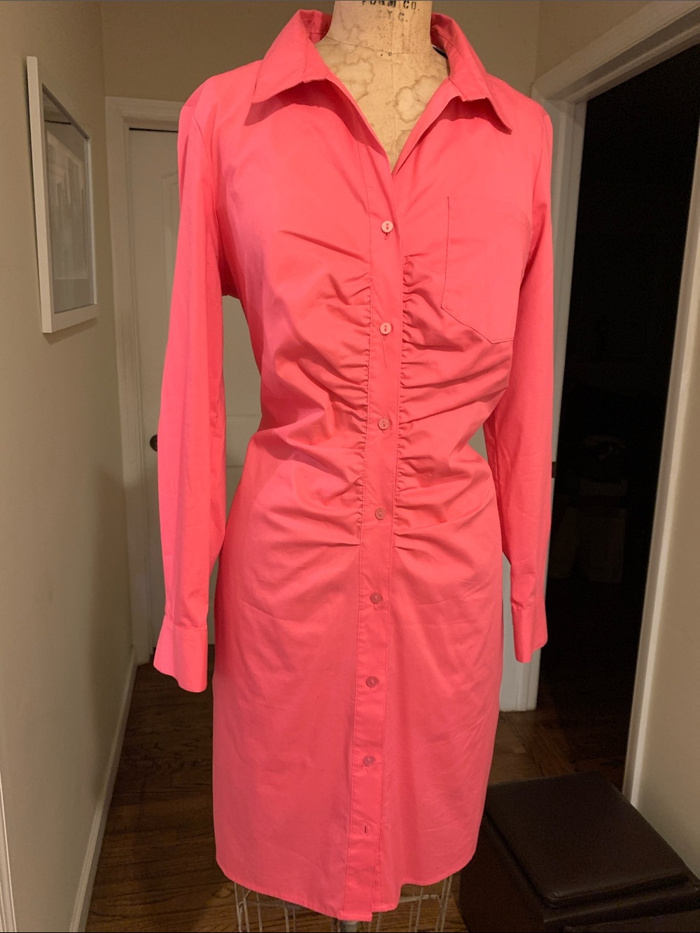 NWT Nicole Miller Coral Pink Ruched Long-Sleeve Shirt Dress